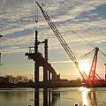Fotografie: Abendstimmung beim Bau der Rügenbrücke